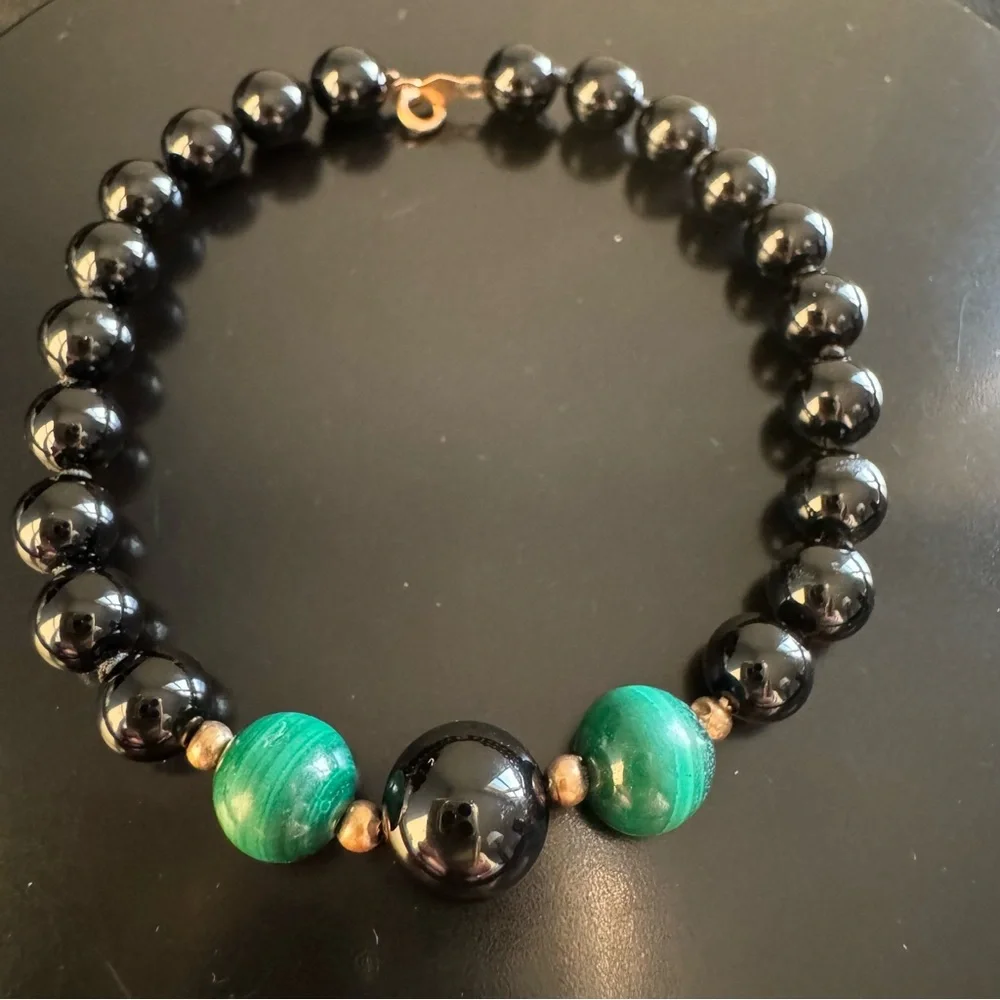 14K Gold Onyx & Malachite Beaded Bracelet – 6.5”
